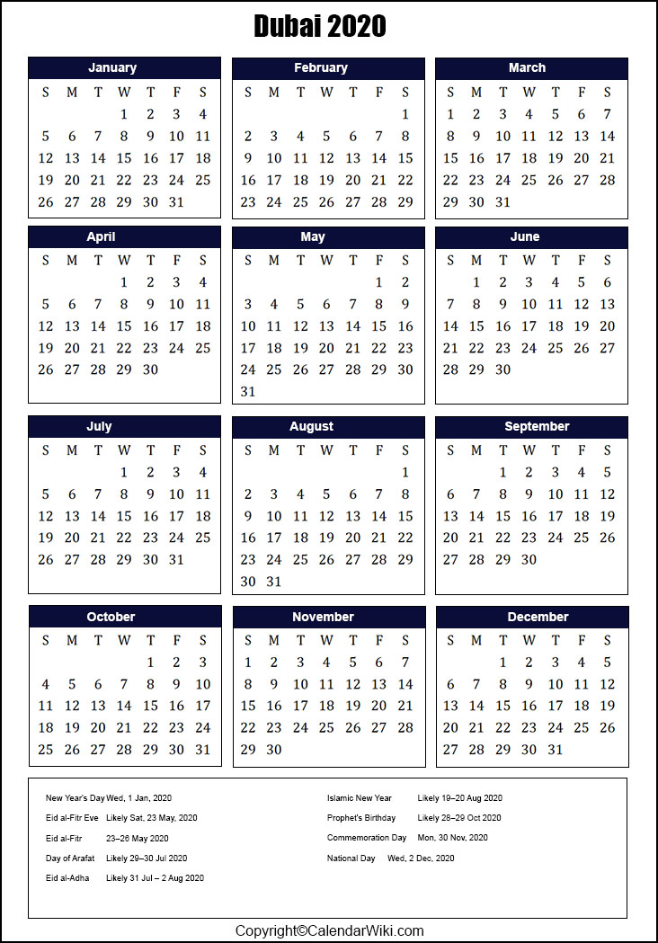 Printable Dubai Calendar 2020 With Holidays Public Holidays