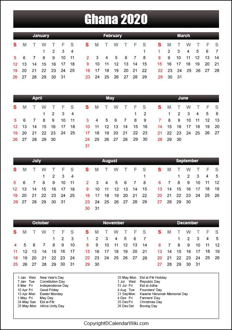 Printable Ghana Calendar 2020 with Holidays [Public Holidays]
