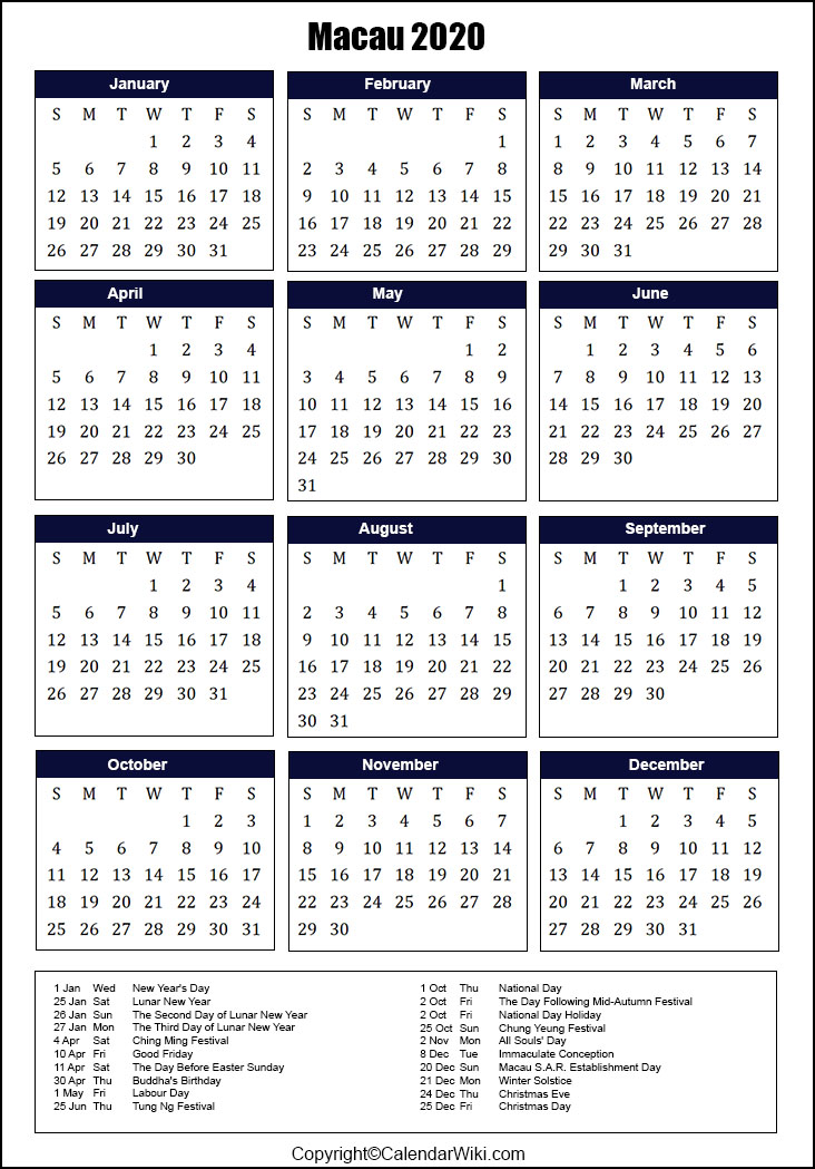 Printable Macau Calendar 2020 with Holidays [Public Holidays]