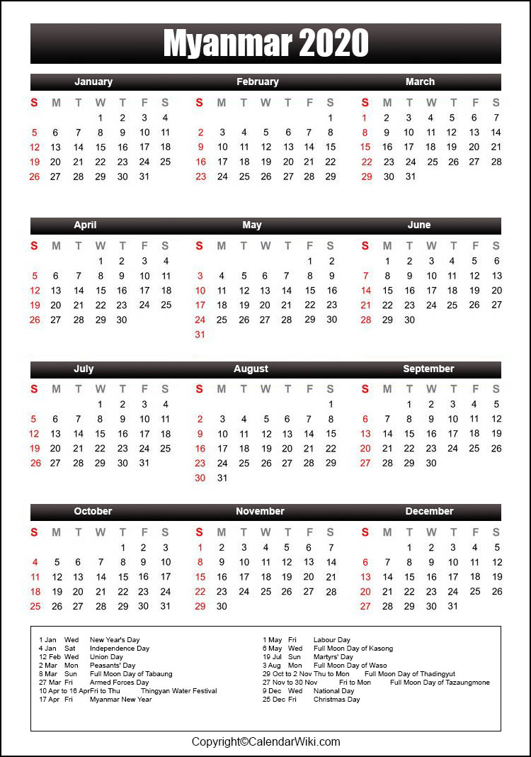 Printable Myanmar Calendar 2020 with Holidays [Public Holidays]