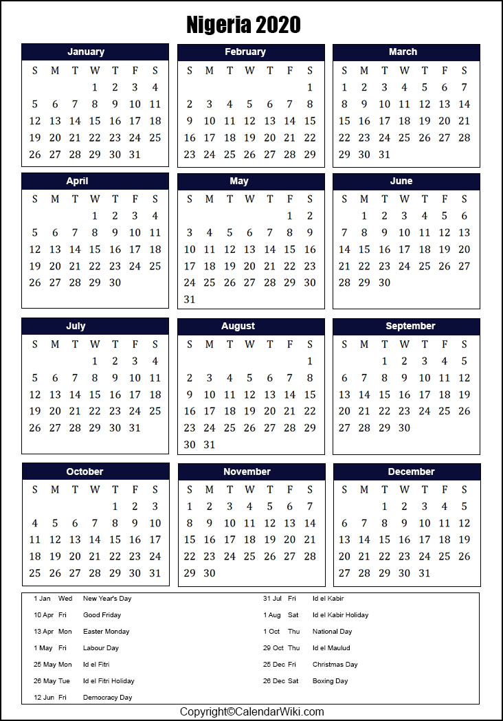Nigeria Calendar 2020