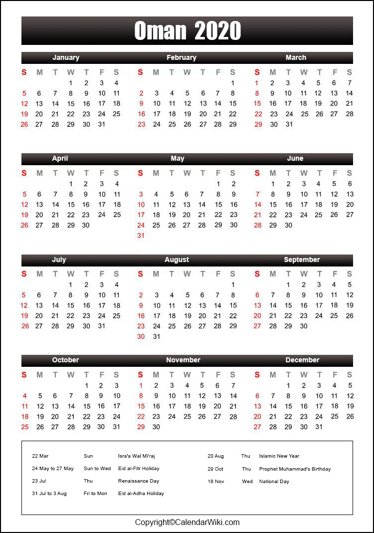 Printable Oman Calendar 2020 with Holidays [Public Holidays]