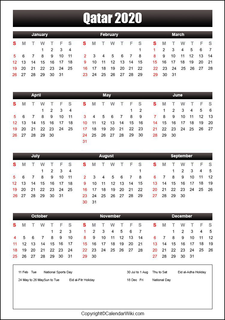 Printable Qatar Calendar 2020 With Holidays Public Holidays