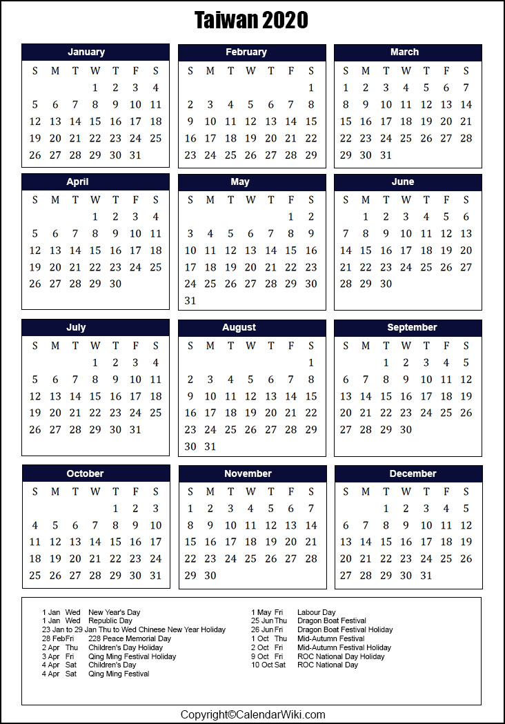 Printable Taiwan Calendar 2020 With Holidays Public Holidays 