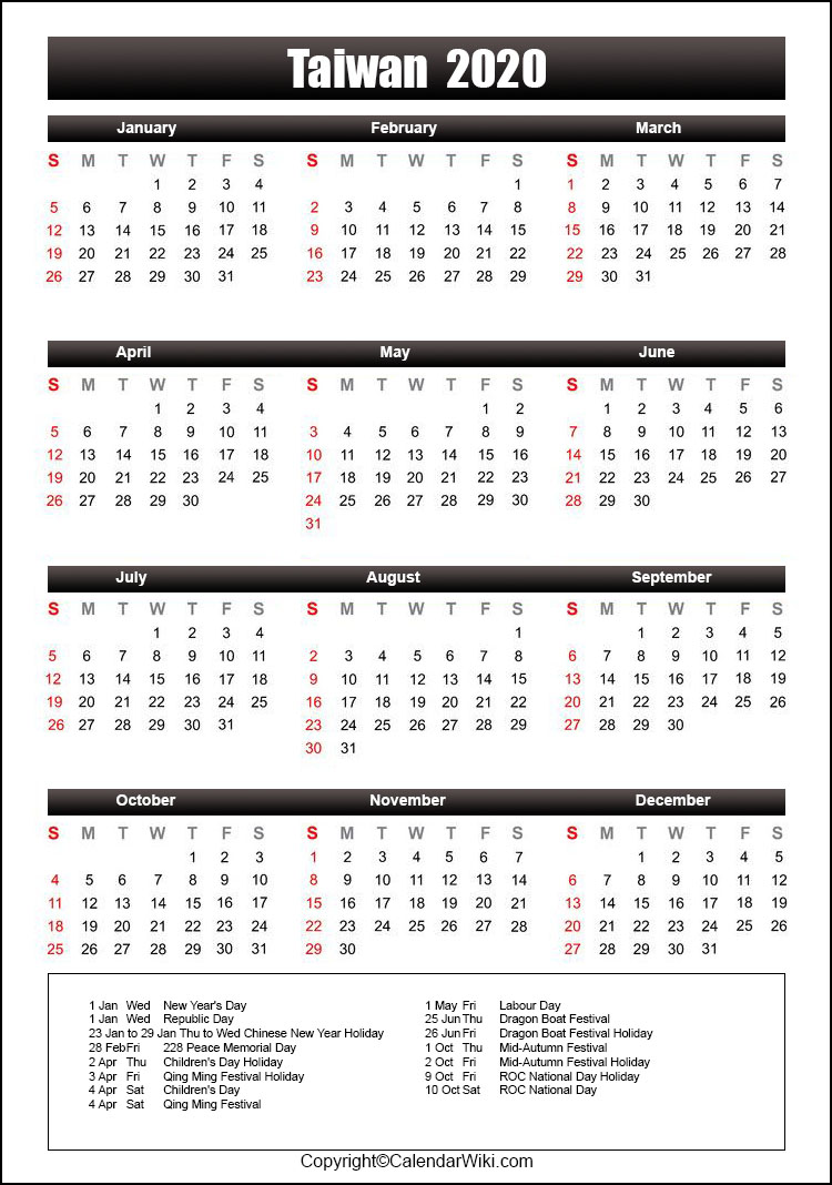 Printable Taiwan Calendar 2020 with Holidays [Public Holidays]
