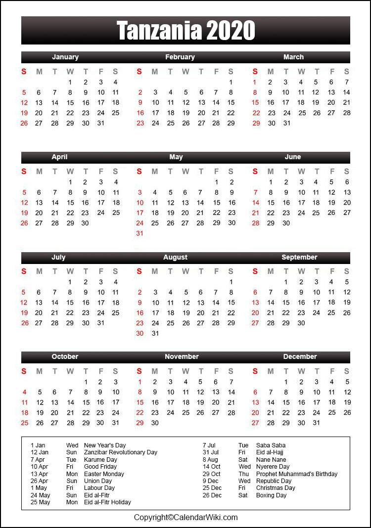 Printable Tanzania Calendar 2020 with Holidays [Public Holidays]