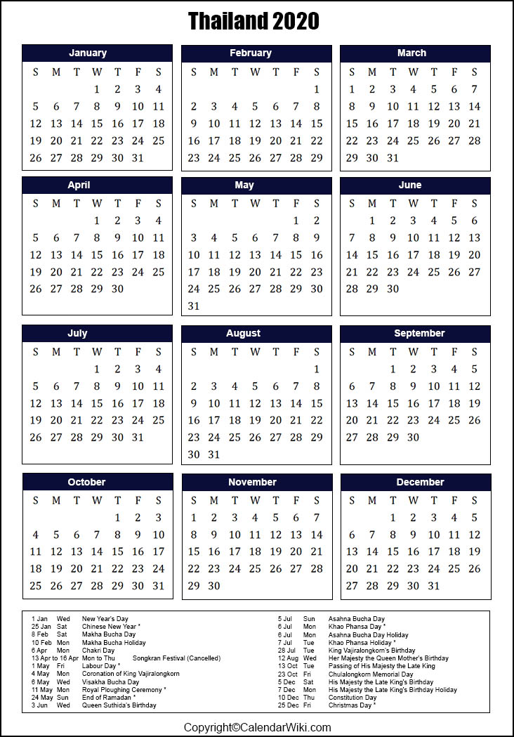 Thailand Calendar 2020