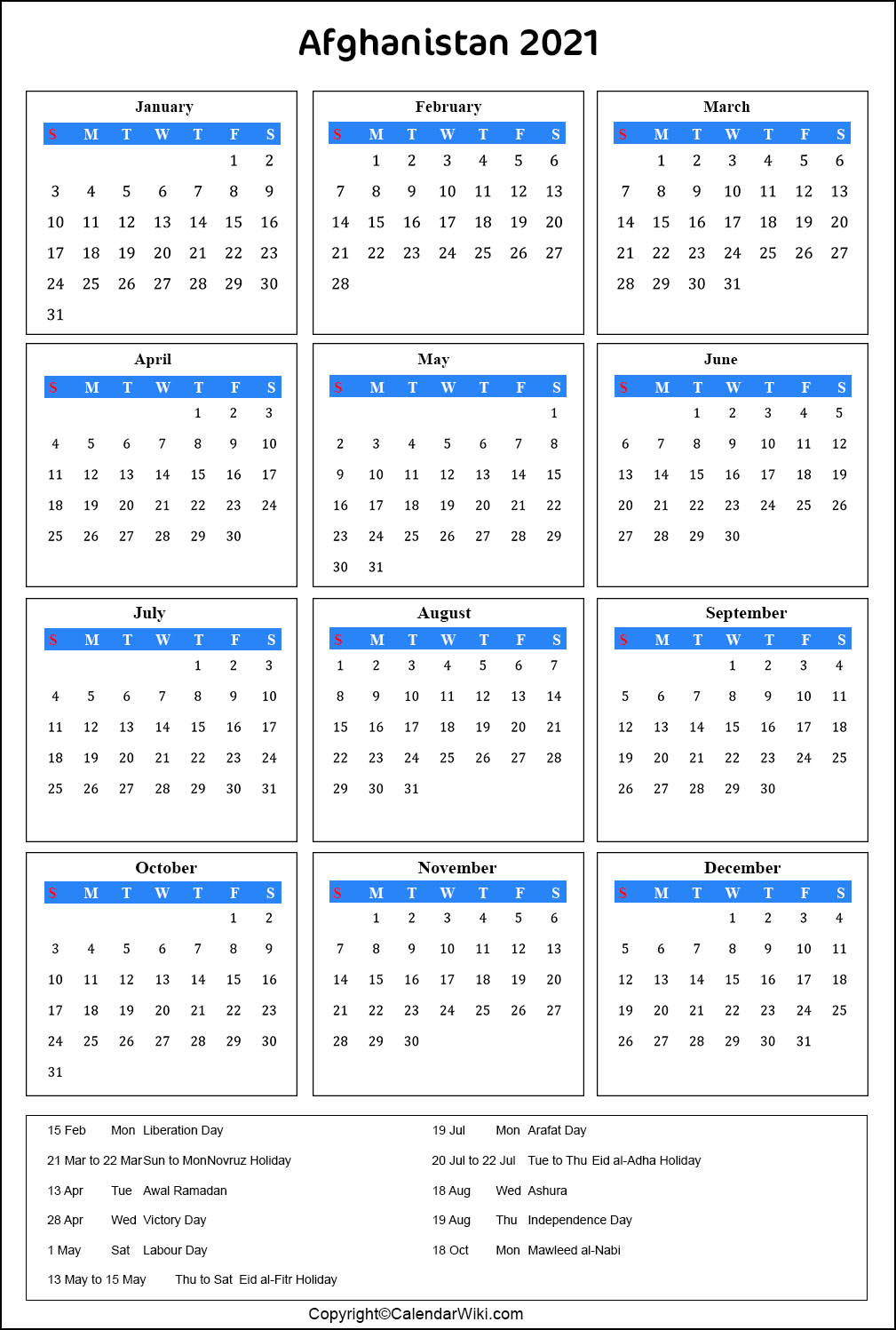 Printable Afghanistan Calendar 2021 with Holidays [Public Holidays]
