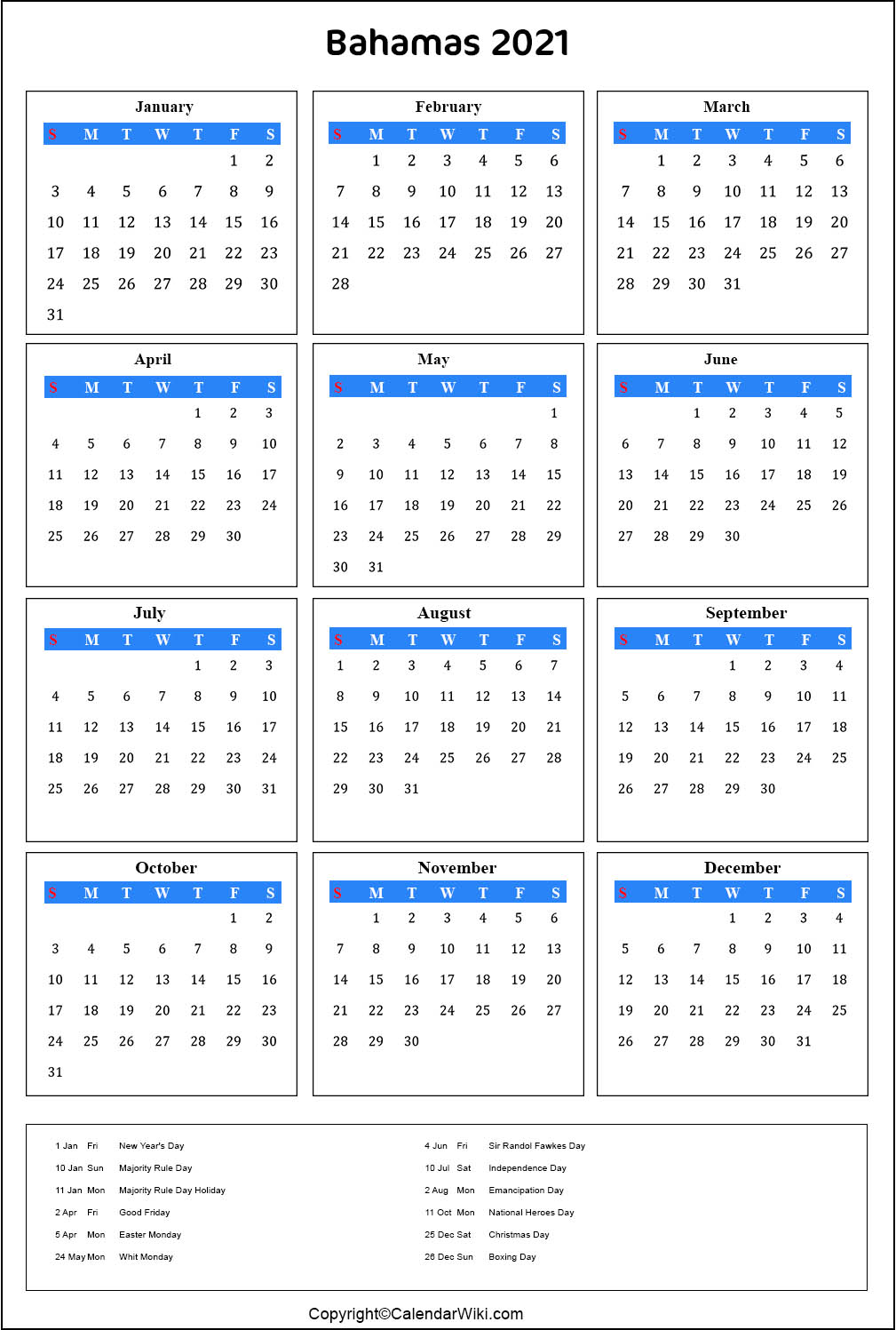 Printable Bahamas Calendar 2021 With Holidays Public Holidays