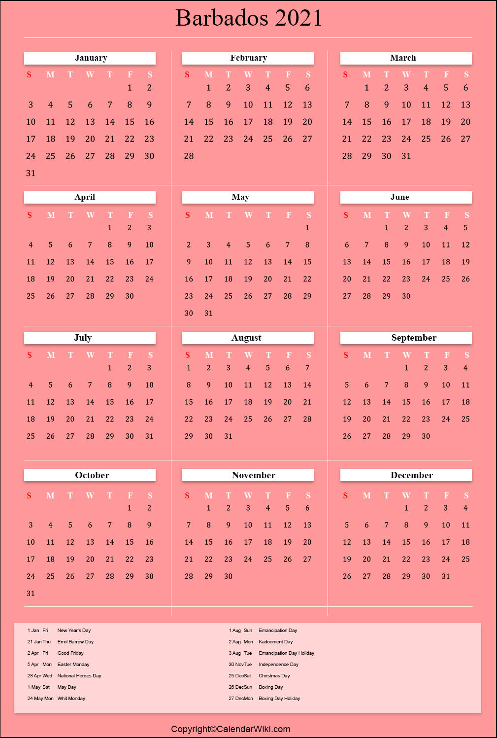 Printable Barbados Calendar 2021 with Holidays [Public Holidays]
