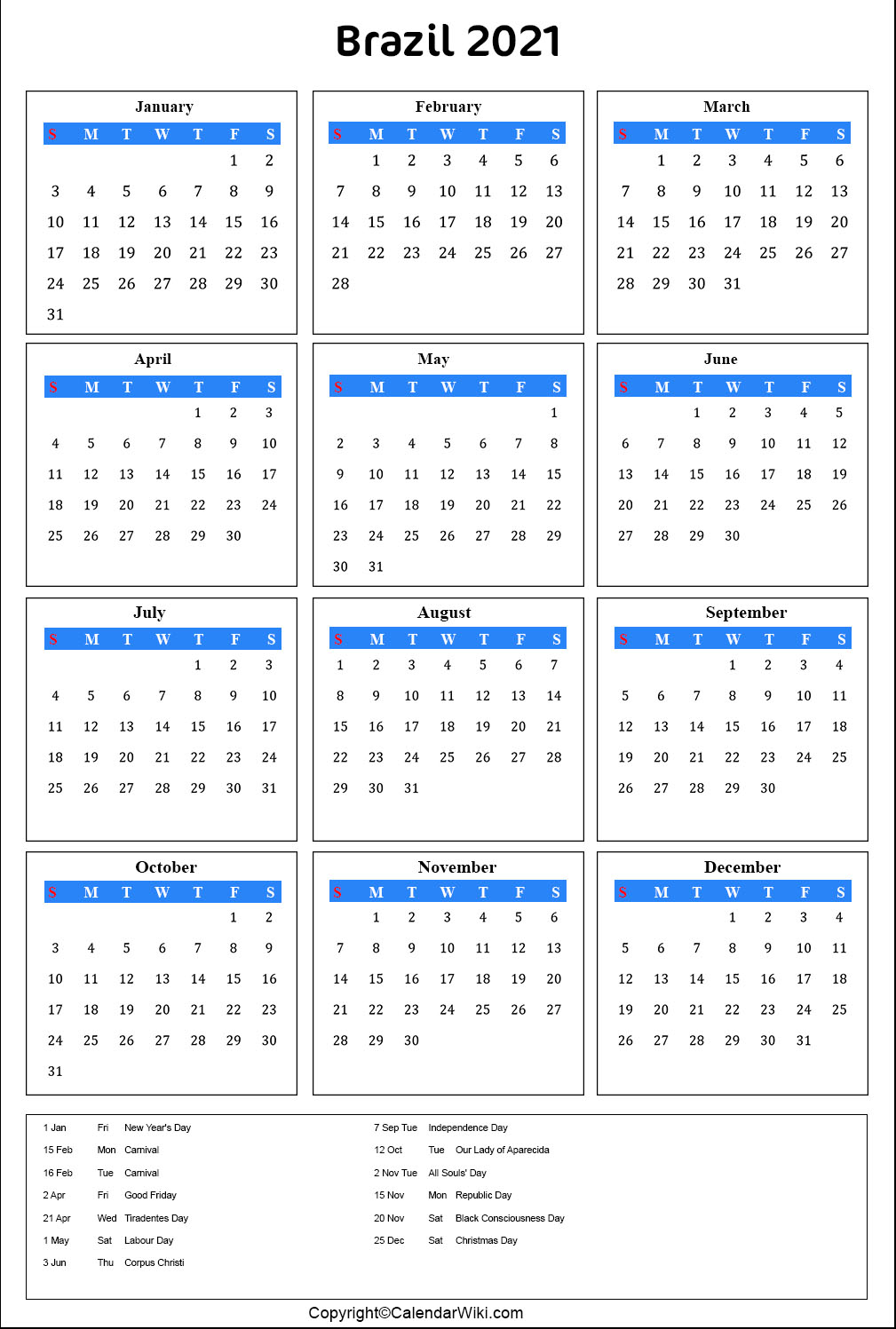 Brazil Calendar 2021