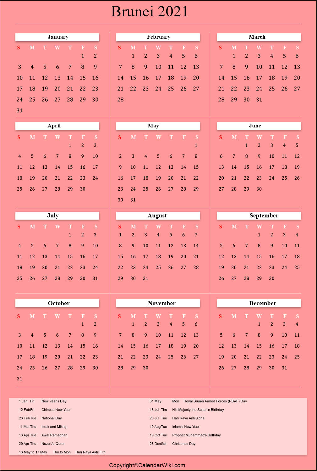 Printable Brunei Calendar 2021 with Holidays [Public Holidays]