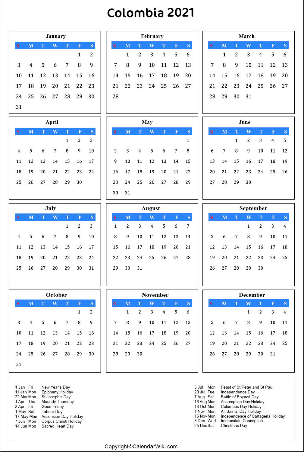 Colombia Calendar 2021