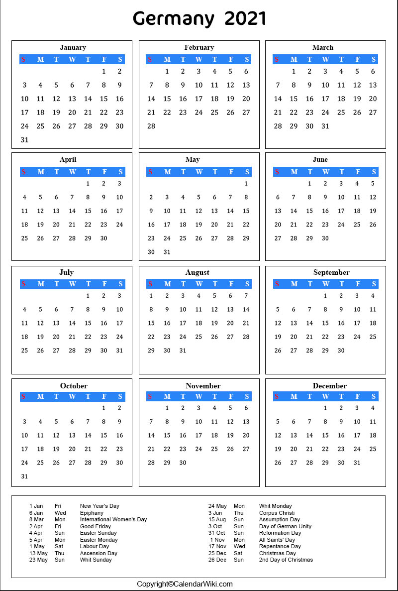 Printable Germany Calendar 2021 with Holidays [Public Holidays]