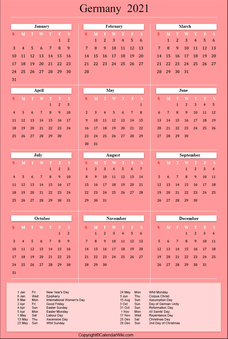 Printable Germany Calendar 2021 With Holidays Public Holidays