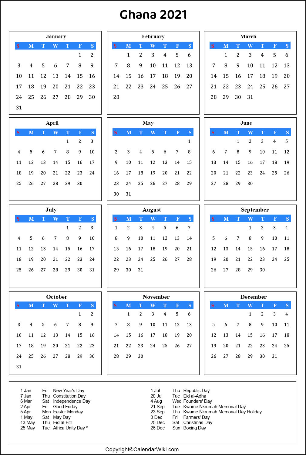 Printable Ghana Calendar 2021 with Holidays [Public Holidays]