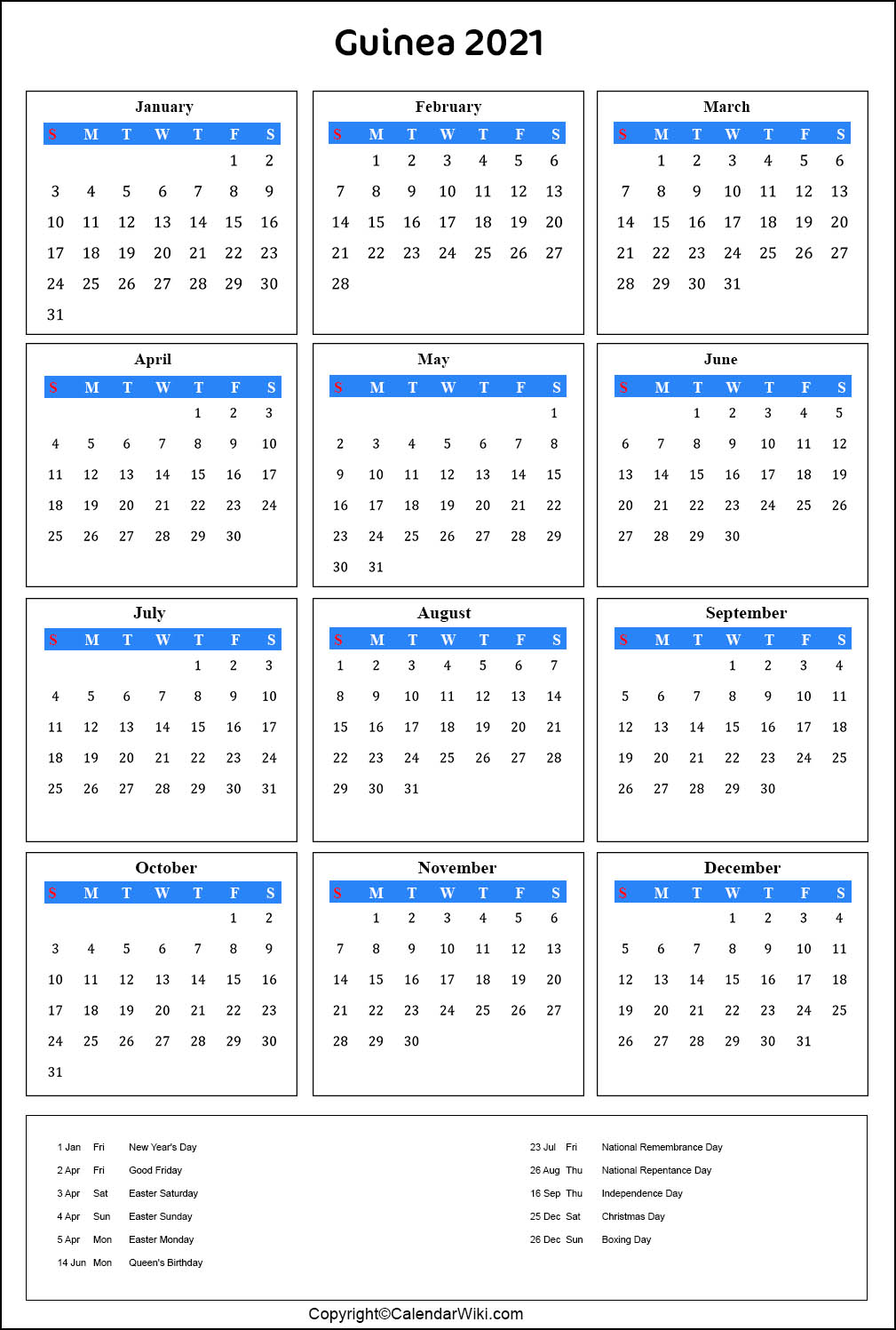 Guinea Calendar 2021