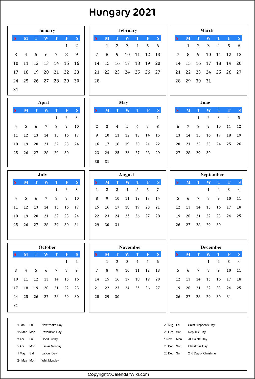 Hungary Calendar 2021