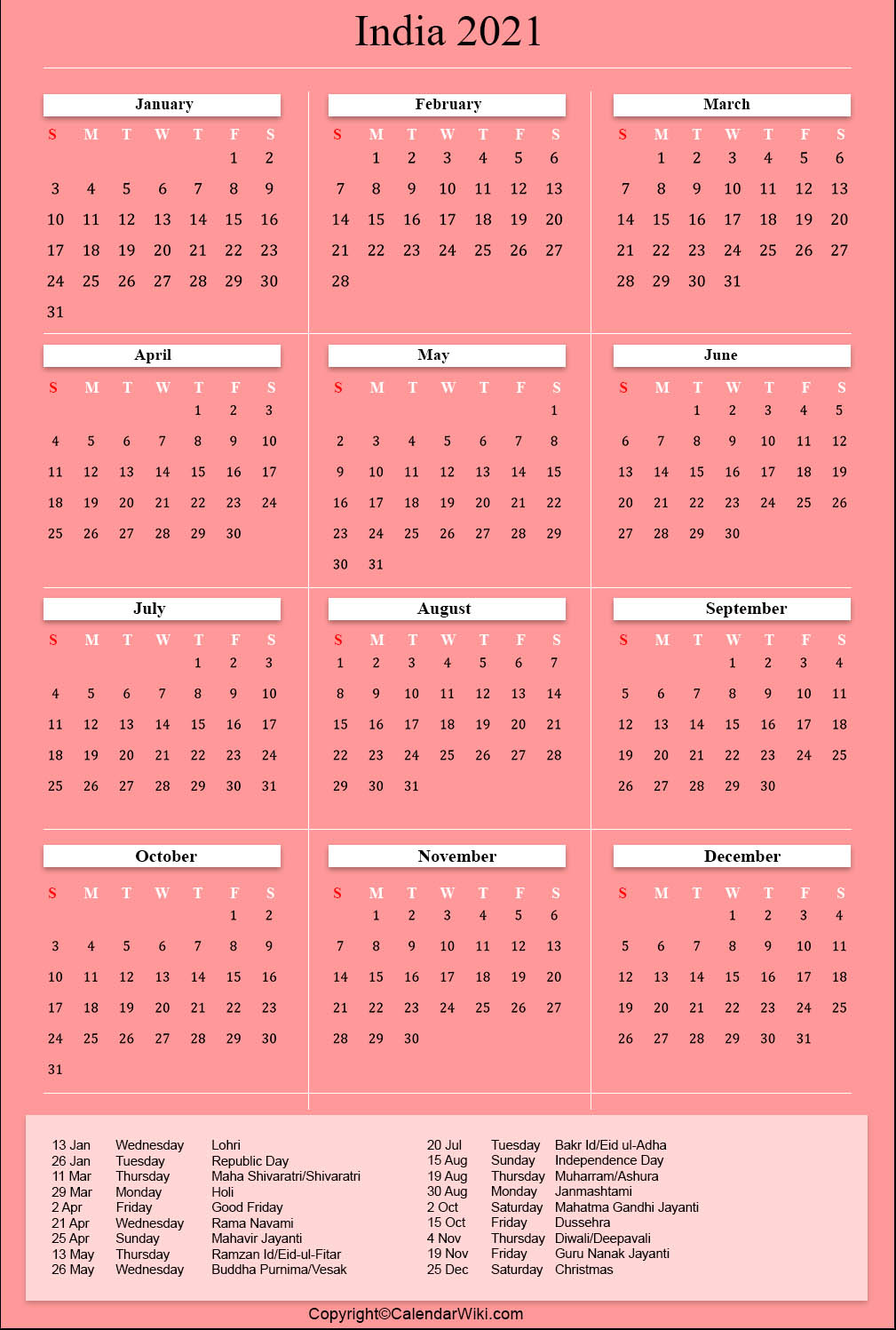 Printable India Calendar 2021 with Holidays Public Holidays