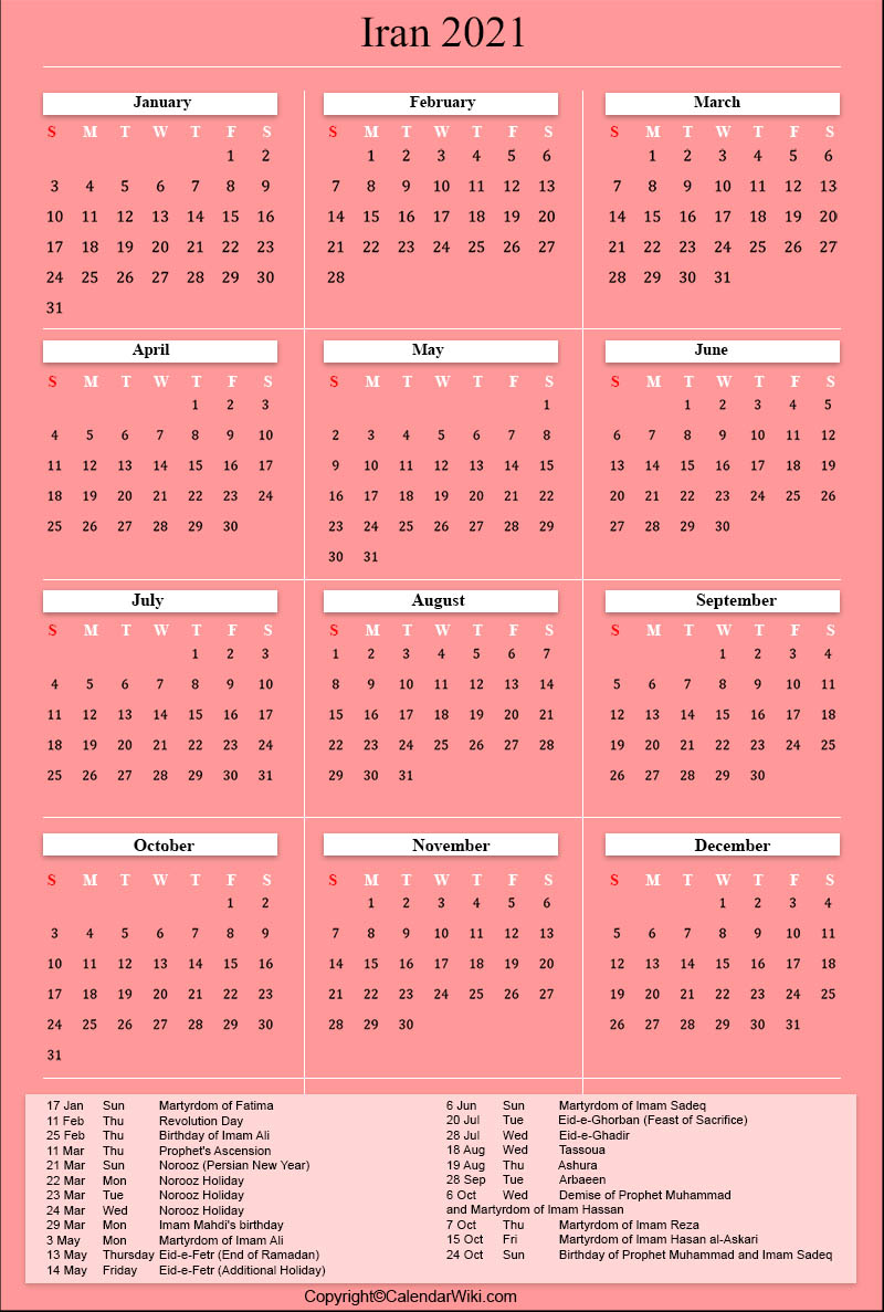 Persian Calendar 2022 Printable Iran Calendar 2021 With Holidays [Public Holidays]