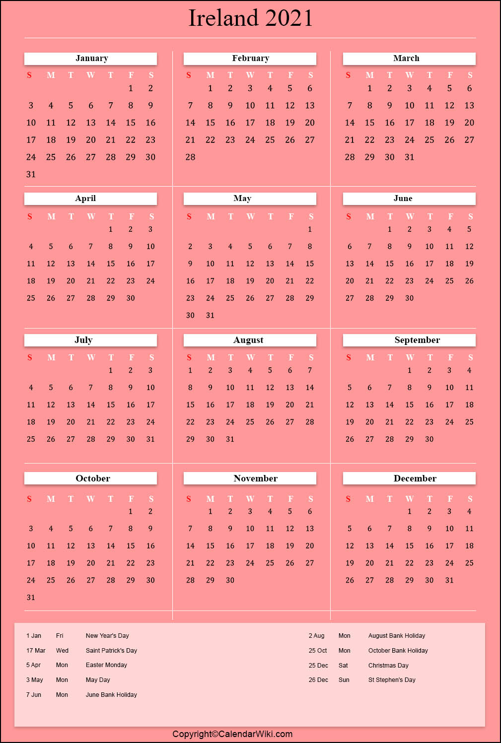 Printable Ireland Calendar 2021 with Holidays [Public Holidays]