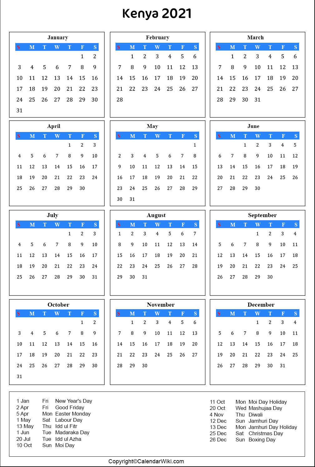 Printable Kenya Calendar 2021 with Holidays [Public Holidays]