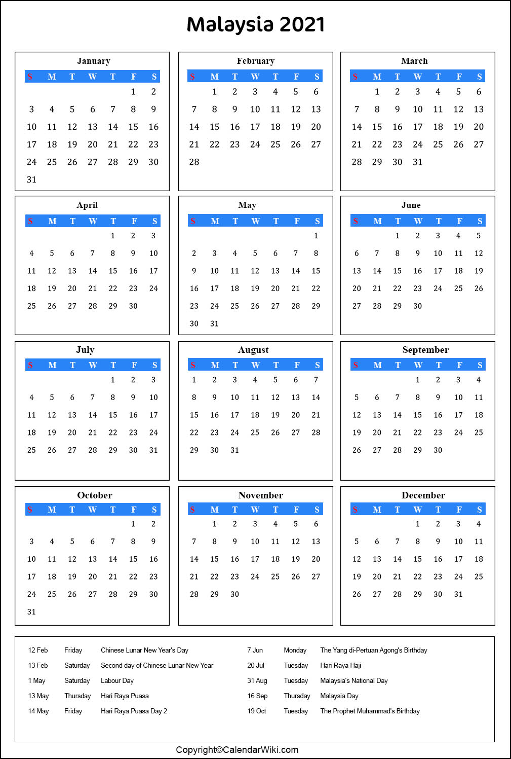 Printable Malaysia  Calendar  2022  with Holidays Public 