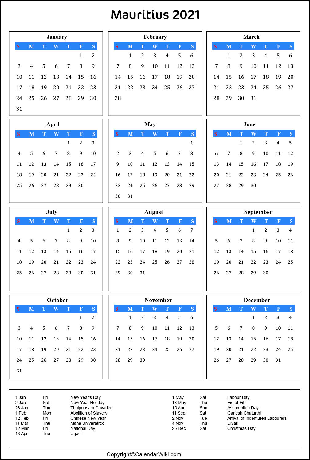 Printable Mauritius Calendar 2021 with Holidays [Public Holidays]