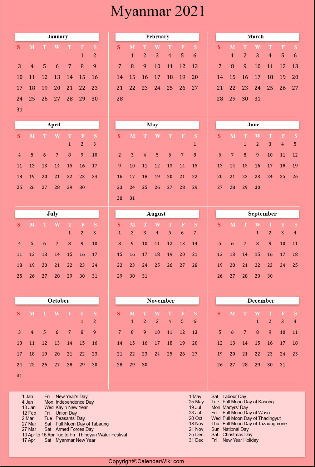 Printable Myanmar Calendar 2021 with Holidays [Public Holidays]