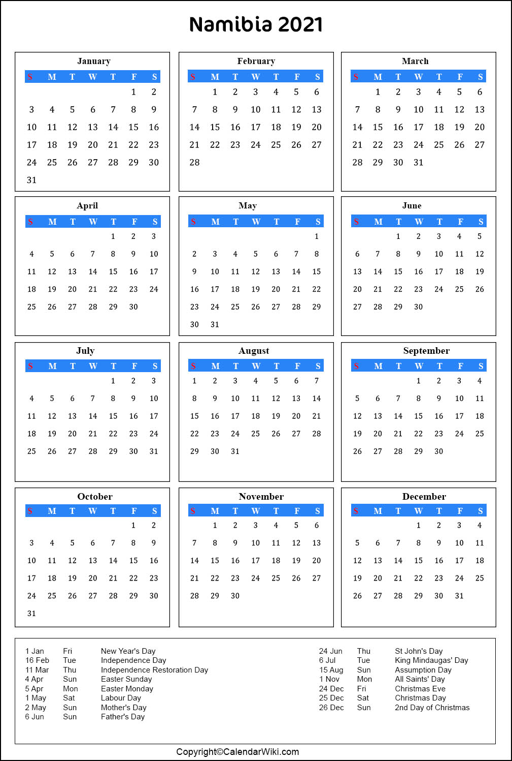 Printable Namibia Calendar 2021 with Holidays [Public Holidays]