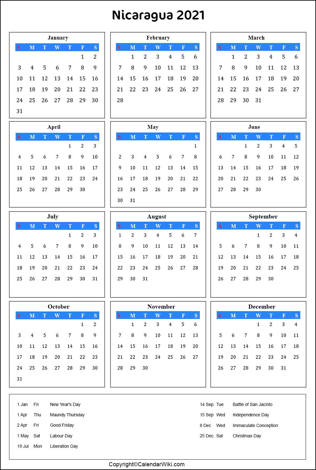 Nicaragua Calendar 2021