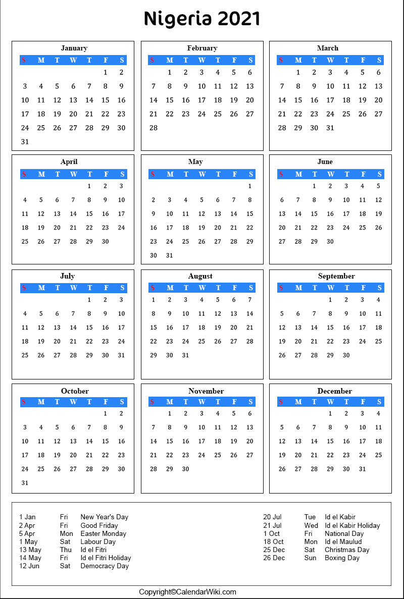 Nigeria Calendar 2021