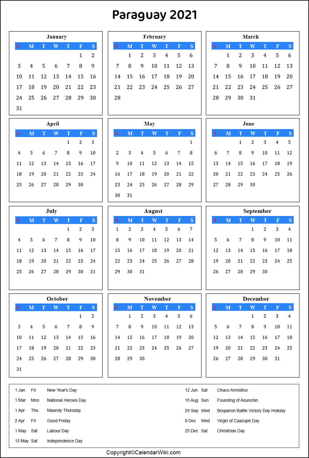 Paraguay Calendar 2021