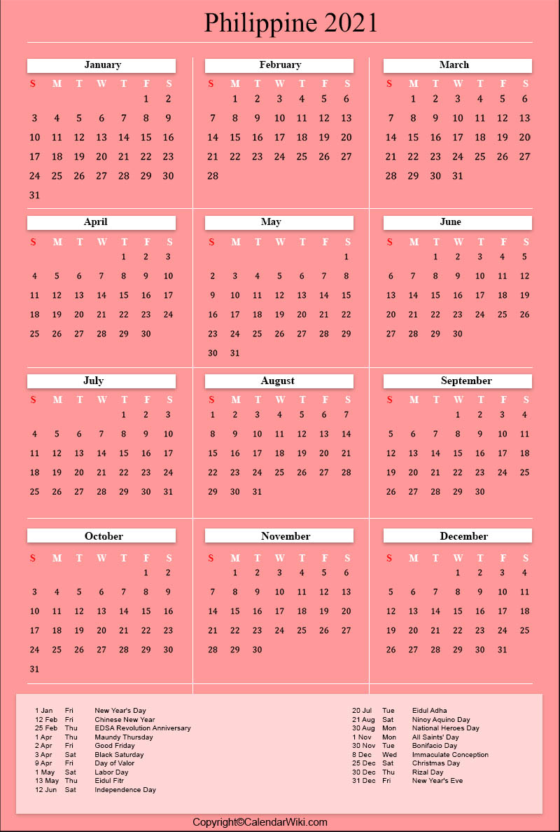 Printable Philippines Calendar 2021 with Holidays [Public