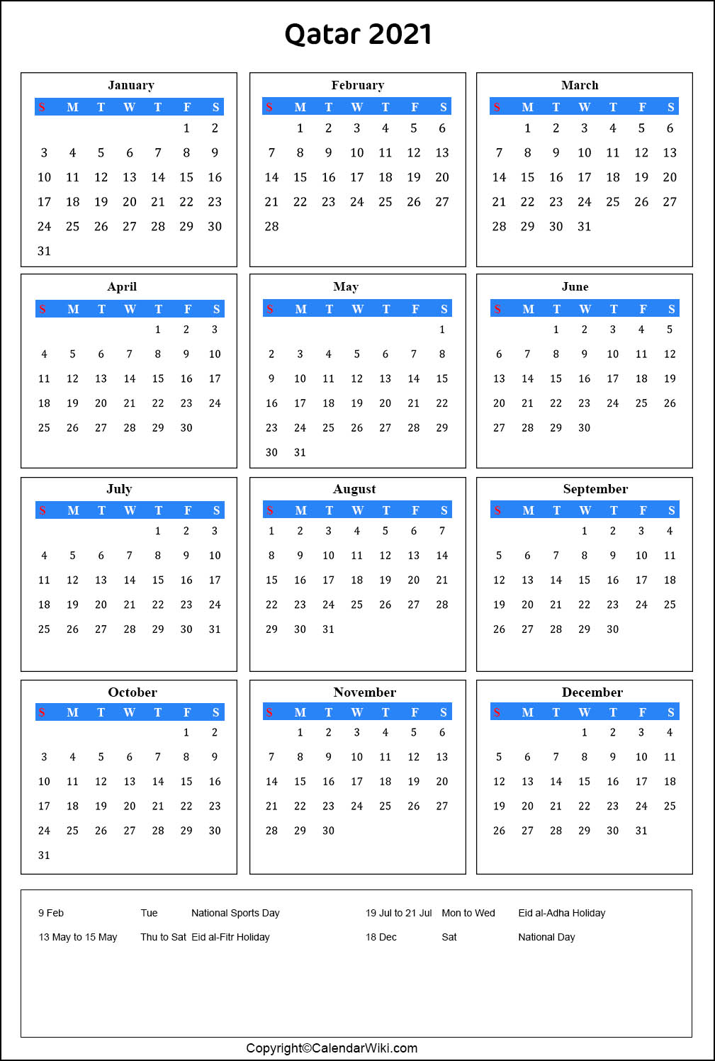 Printable Qatar Calendar 2021 With Holidays Public Holidays
