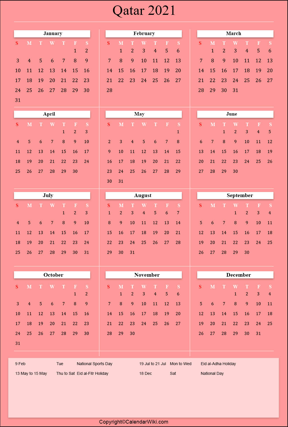Printable Qatar Calendar 2021 With Holidays Public Holidays