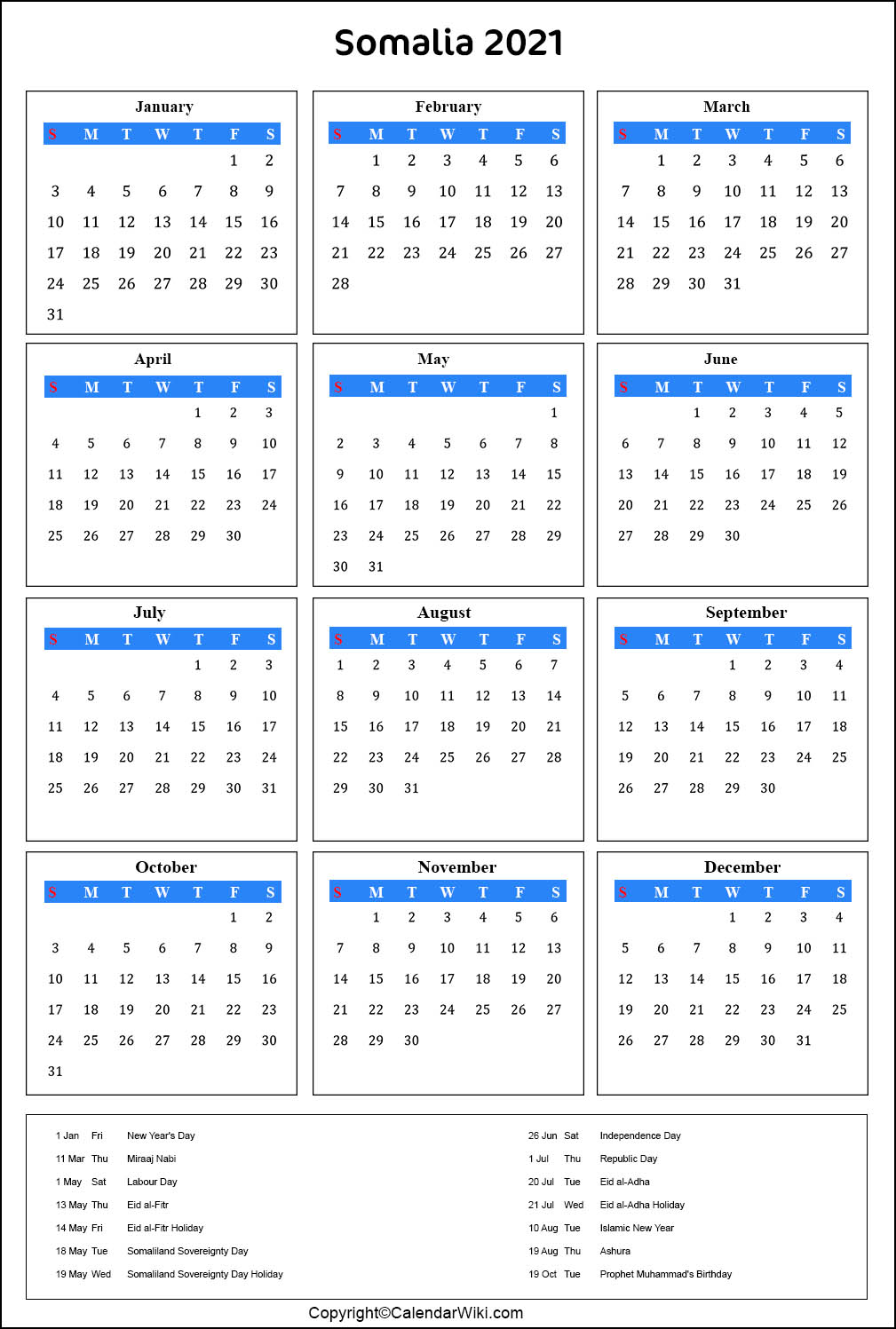 Somalia Calendar 2021