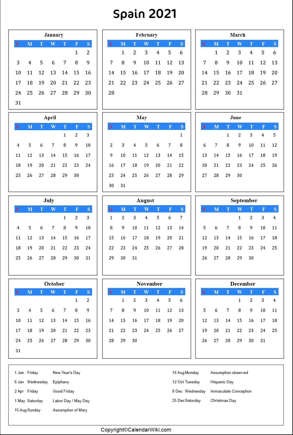 Spain Calendar 2021