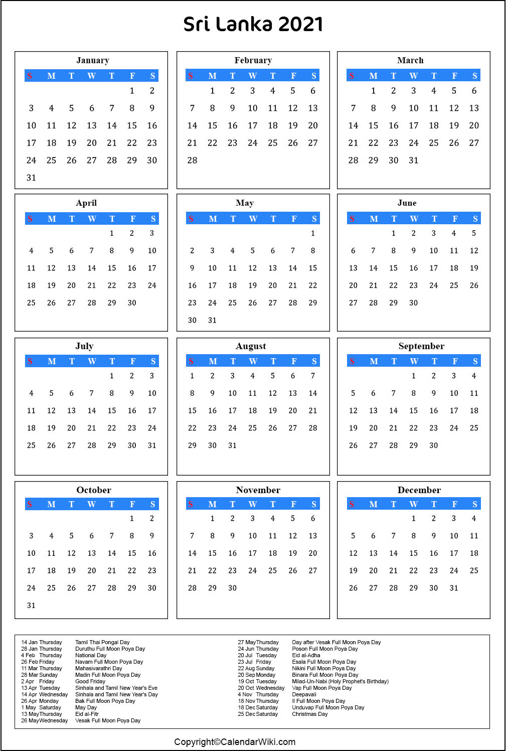 Printable Srilanka Calendar 2021 with Holidays [Public Holidays]