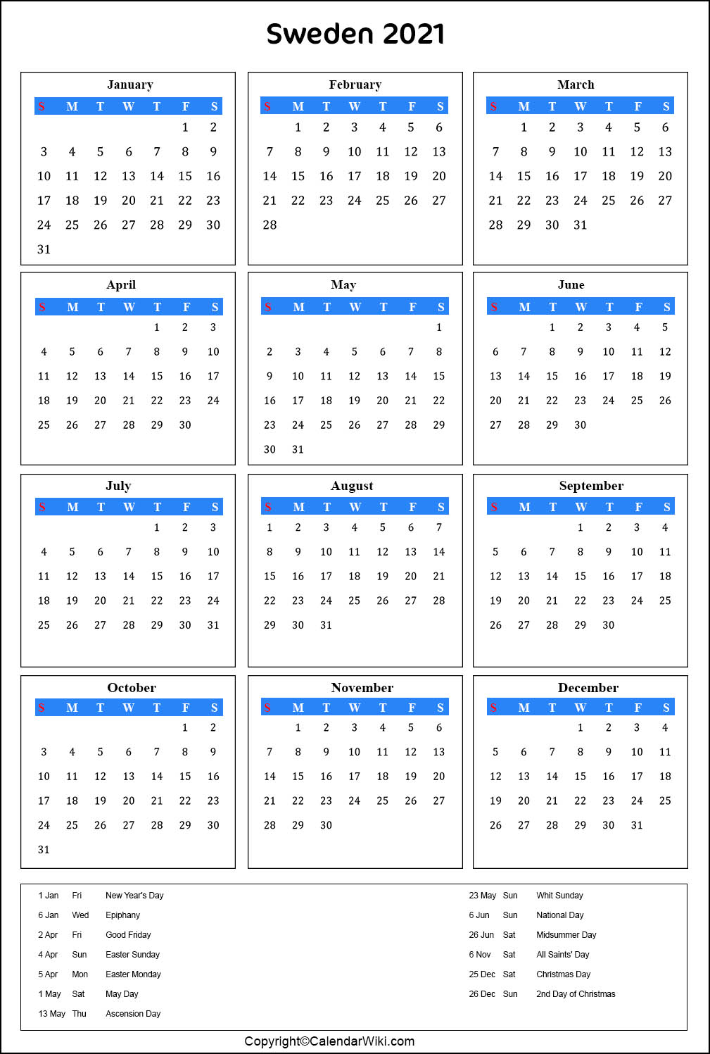 Printable Sweden Calendar 2021 With Holidays Public Holidays