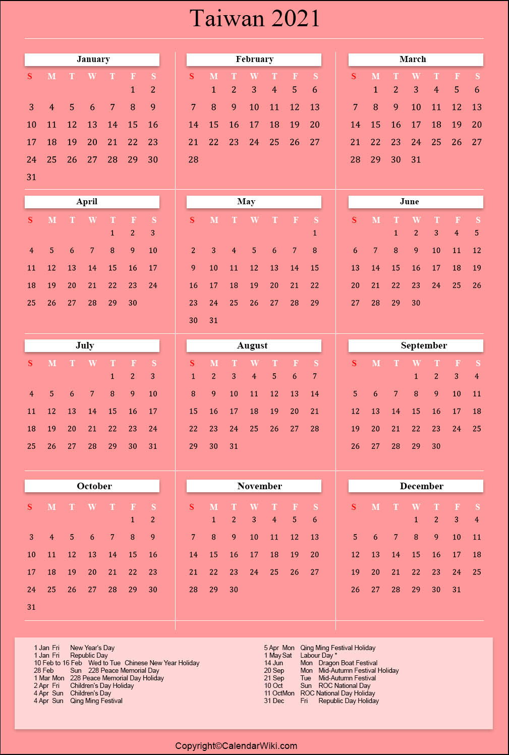 Printable Taiwan Calendar 2021 With Holidays Public Holidays