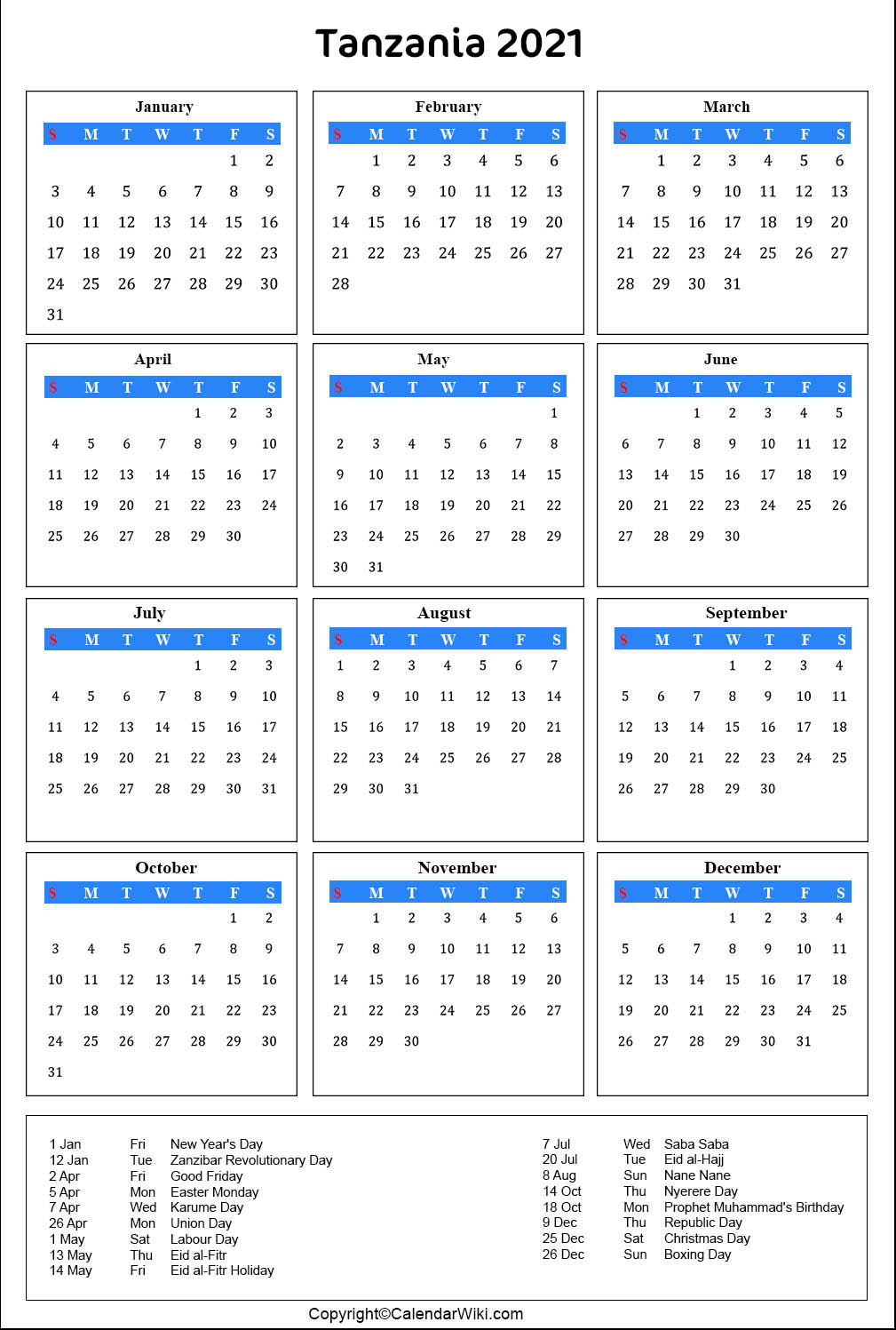 Tanzania Calendar 2021