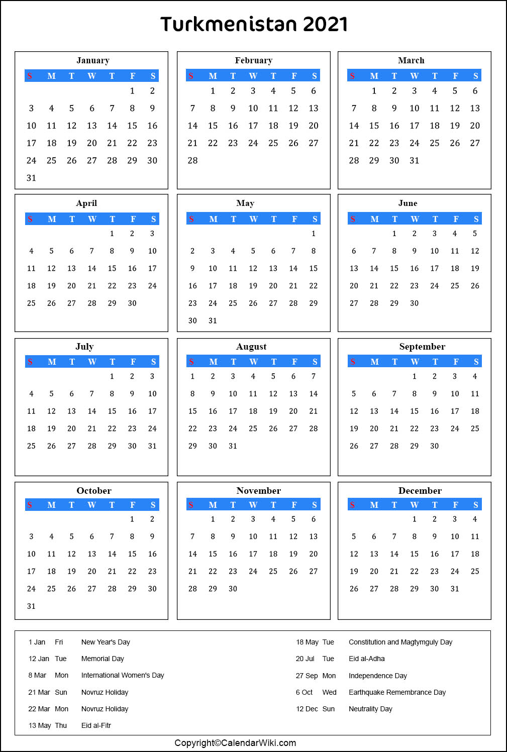 Turkmenistan Calendar 2021