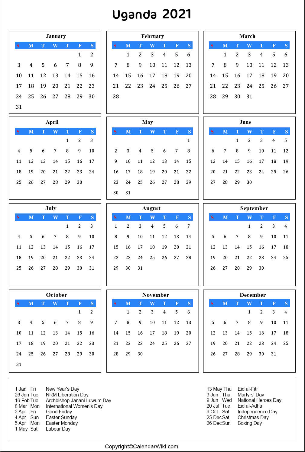 Printable Uganda Calendar 2021 With Holidays Public Holidays