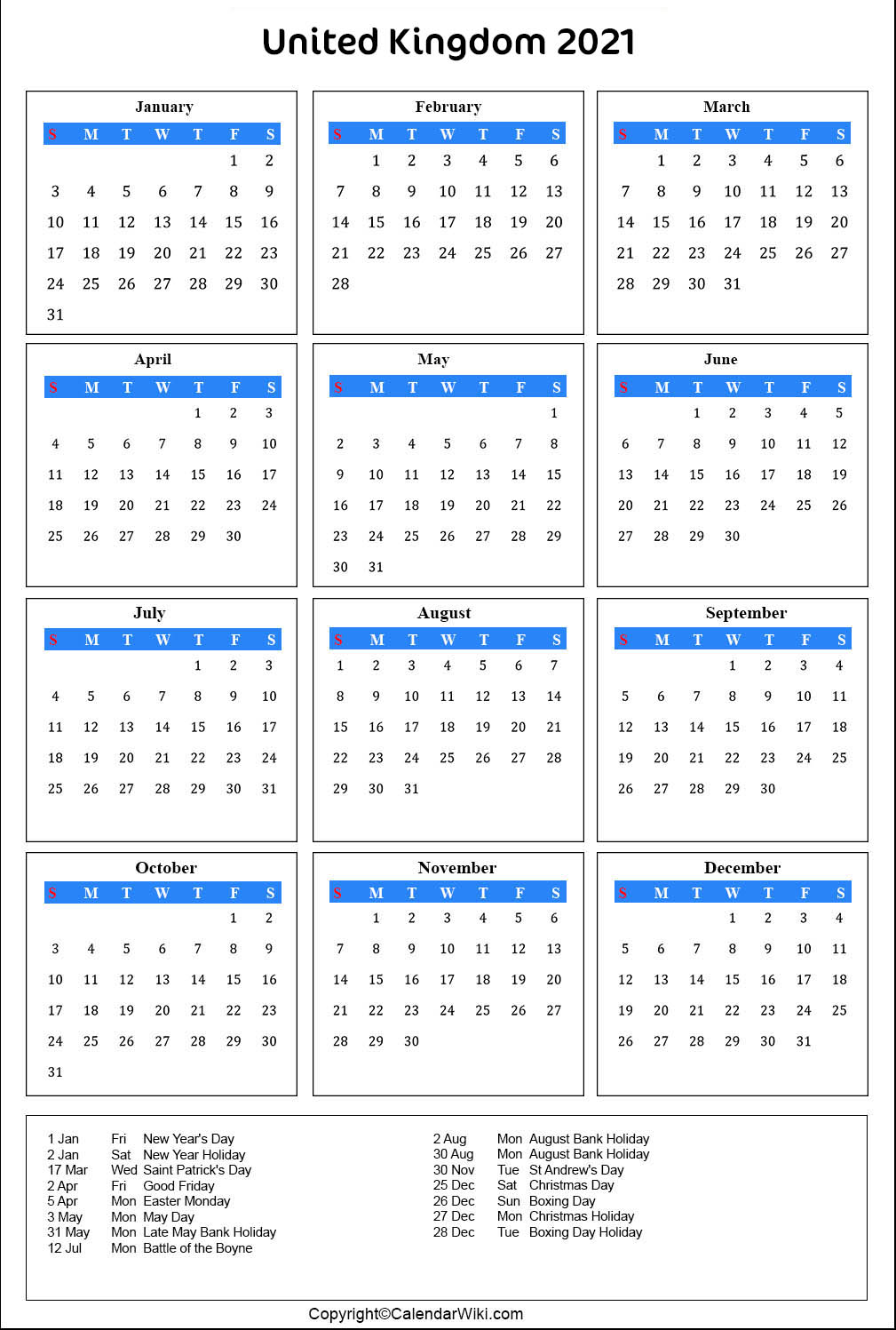 Uk Calendar 2021