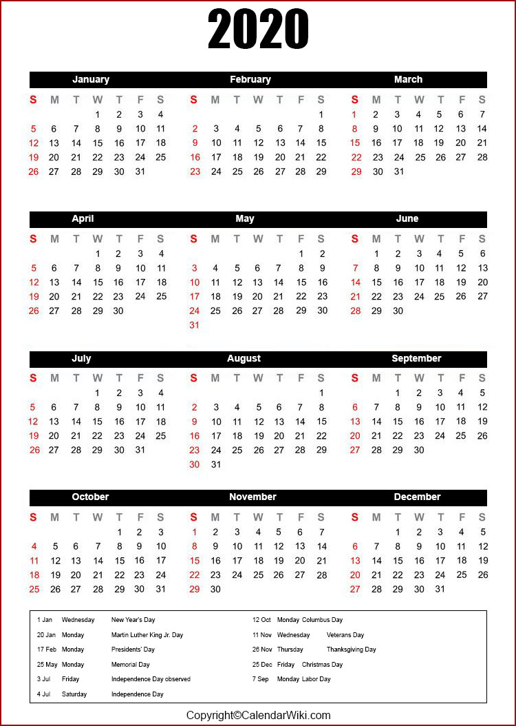 Calendar 2020 Holidays