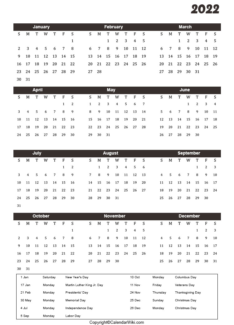 Calendar 2022 Holidays