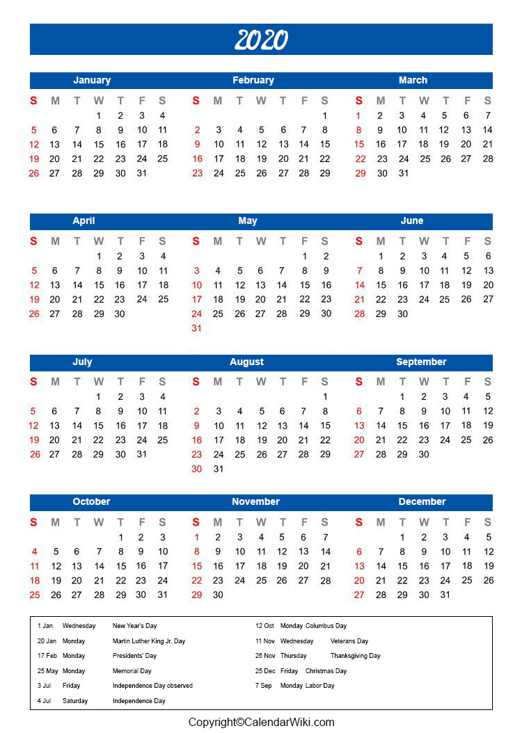 Holiday Calendar 2020